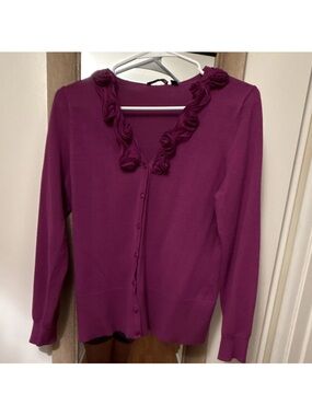 Women’s Magenta Ruffle V-Neck Cardigan Sweater